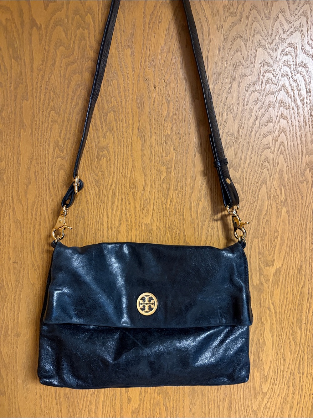 Tory Burch Vintage Dena Black Leather 3in 1 Foldover approx 12”x8”x1.5”